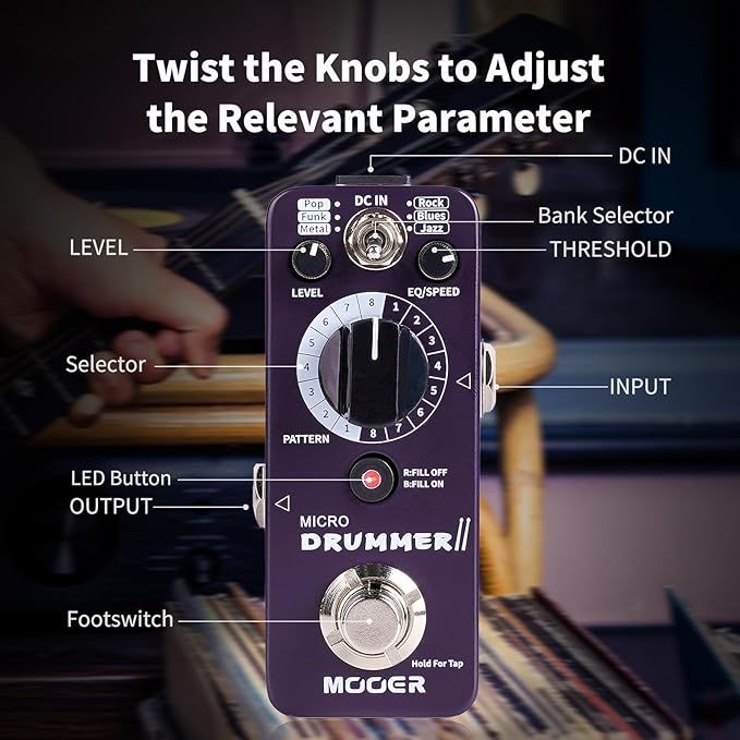 MOOER Micro Drummer II Guitar Drummer Pedal Drum Machine Effect with FILL Function, 48 Drum Grooves, and 6 Music Style Per 8 Different Rythem, With EQ, Tap Tempo for Electric Guitar
