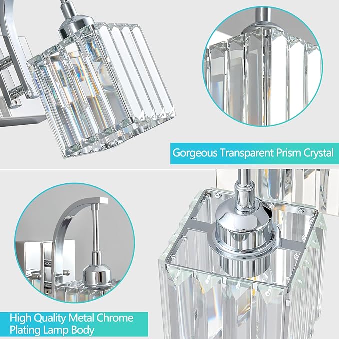 FDPBY Wall Sconces, Set of 2 Chrome Crystal Vanity Lights, Modern Wall Lamp for Bathroom, Hallway, and Makeup, Easy Installation