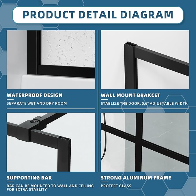 Goodyo 34" x 72" Shower Door Tempered Glass Shower Screen with Tool Bar Towel Rack for Walk in Bathroom 3-Grid Style