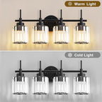 EJIAXIN 4 Light Round Crystal Vanity Lights, Modern Black Crystal Wall Light Bath Mirror Light Fixture Over Mirror Bathroom Wall Sconces for Bathroom Living Room