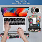 Keyboard Wrist Rest and Mouse Pad Wrist Support Set with Coasters, Non-Slip PU Base Ergonomic Gaming Mousepad for Home Office Working Studying Easy Typing & Pain Relief, Floral Quote Live Laugh Love