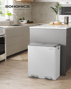 SONGMICS Trash Can, 2 x 8 Gallon (2 x 30 L) Garbage Can for Kitchen, with 15 Trash Bags, 2 Compartments, Plastic Inner Buckets and Hinged Lids, Airtight, White and Gray ULTB60WT