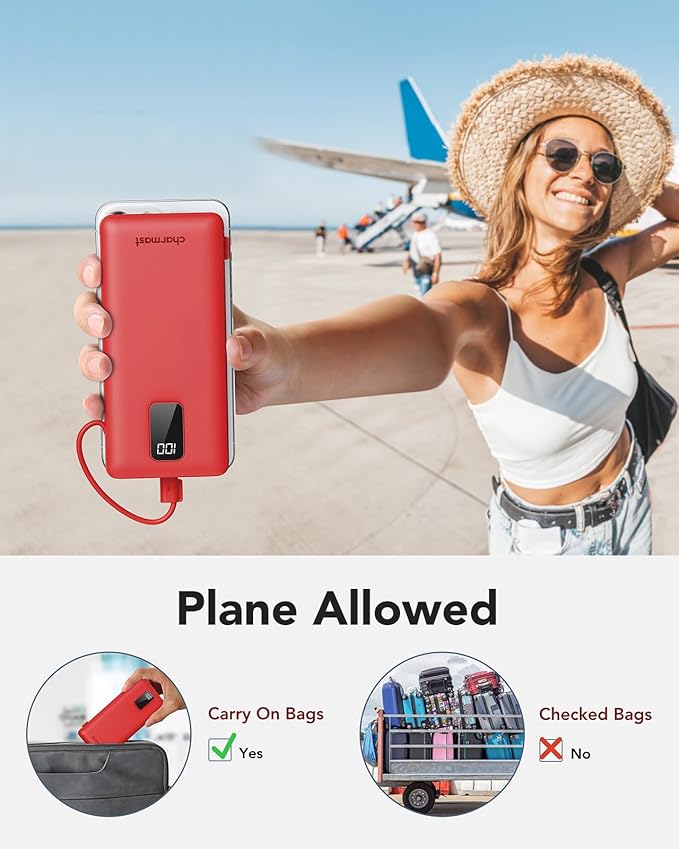 charmast Portable Charger with Built-in Cables and Plug, 10000mAh USB C Power Bank Fast Charging, External Battery Pack Slim, Travel Essentials Compatible with iPhones, Samsung Galaxy, iPad