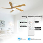 WINGBO 54 Inch Flush Mount DC Ceiling Fan with Lights and Remote, 5 Reversible Carved Wood Blades, 6-Speed Noiseless DC Motor, Hugger Ceiling Fan in White Finish with Oak Blades, ETL Listed
