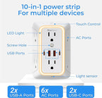 Wall Mount Power Strips Wall Charger 6 Outlet Extender 4 USB Ports (5V, 2.4A, 12W) and Night Light 3-Sided Power Strip with Adapter Spaced Outlets - Multi Plug Outlet Surge Protector for Home Office