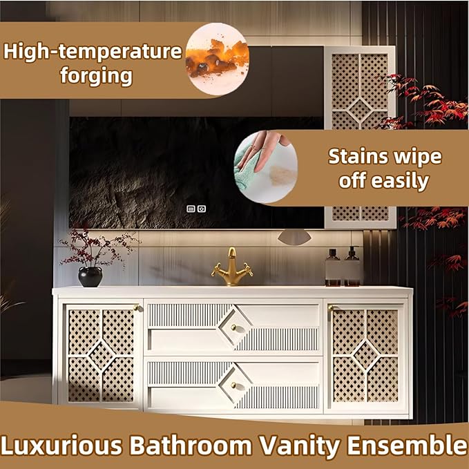 36IN Luxury Floating Bathroom Vanity - Single Sink Bathroom Vanities has Smart Defog Mirror & Slate Countertop | Woven Rattan Perforated Door Panel, LED Lights, 2 Drawers (Style A)