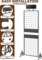 DEMEGA 6' x 2' Ft Grid Wall Panel, Pegboard Gridwall Display Stand with Notice board, Sturdy Floorstanding Wire Grid Rack, Movable Silent Wheel for Home Organization Retail Trade Art Craft Show Vendor