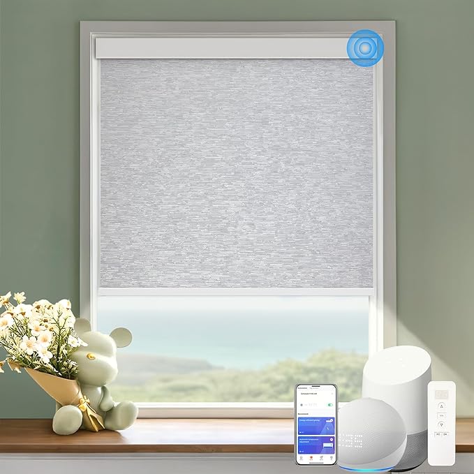 COOLWINDS Motorized Blinds with Remote Cordless Automatic Motorized Shades Custom Blinds for Windows Smart Curtains Compatible with Alexa Google Home(Blackout Jacquard Grey,W67 x H72in)