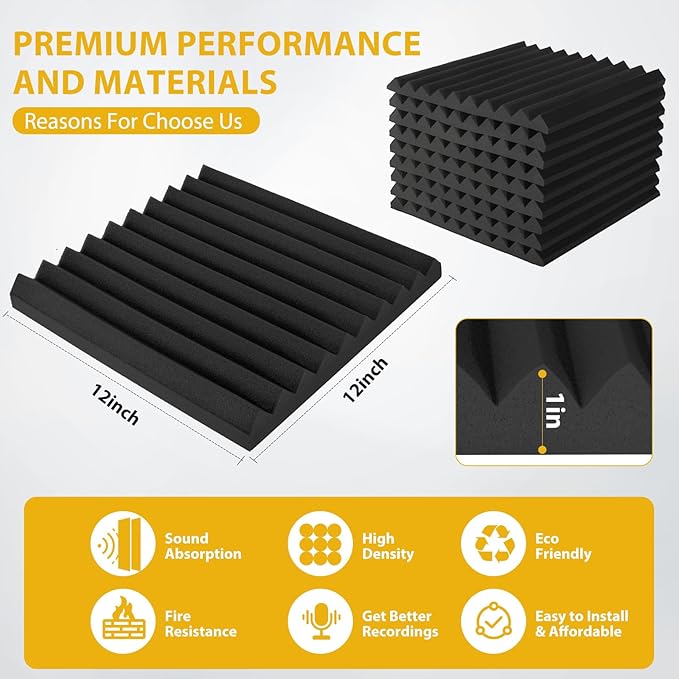 Saiqiang Acoustic Foam Panels Sound Absorbing 12 Pack - 1" X 12"X 12" Sound Proof Panels Noise Reducing for Walls, High Density Sound Deadening Panels Black Wedge for Studio Recording & Office & Home