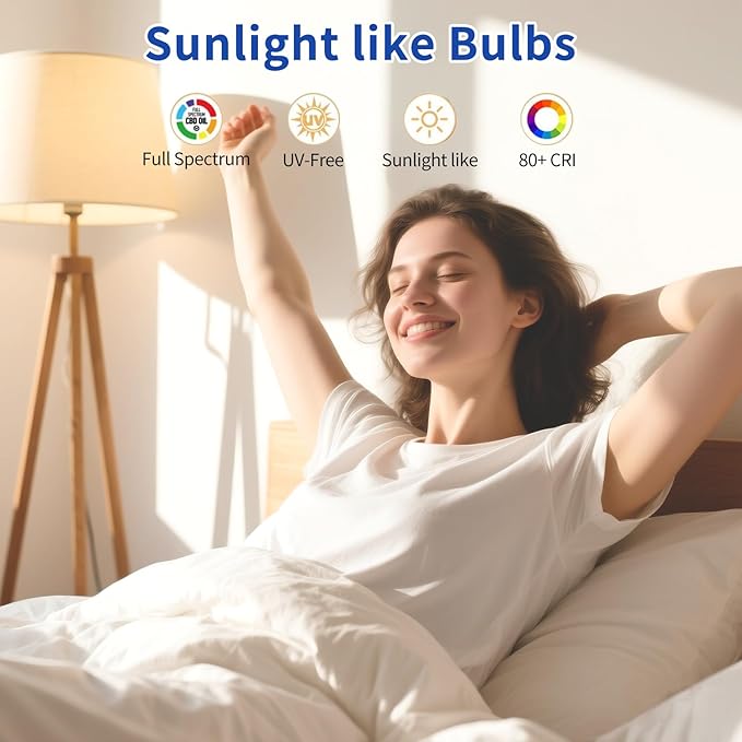 LQ BSDERA 3PK Full Spectrum Light Bulbs, 9W, 6000K Natural Light That Mimic Sunlight, Boosts Mood, Energy, Focus, A19, Sunlike Happy Light Bulbs with E26/27 Base for Most Lamps
