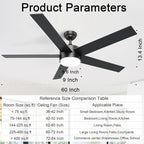 POCHFAN 60 Inch Black Ceiling Fans with Lights and Remote Control, Quiet Modern Ceiling Fan for Bedroom,Living Room, Dining Room,Dimmable 3-Color Temperatures 6-Speed