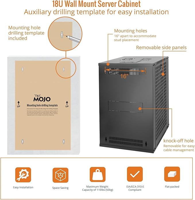Tecmojo 18U Wall Mount Rack Network Cabinet for 19" IT Equipment,with Lockable Mesh Door and Side Panels,Cooling Fan,Black,17.7inch Depth for AV/Computer/Electronics Equipment Data Rack