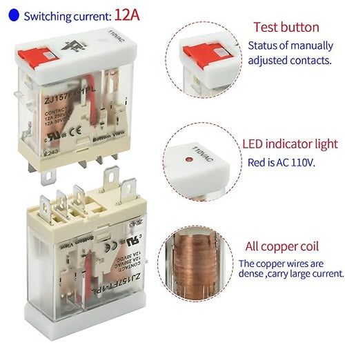 6Pcs 12 Amp Power Relay Switch Electromagnetic with Test Button 110V 120V AC SPDT 1NO 1NC Socket Base with LED Light UL Certification
