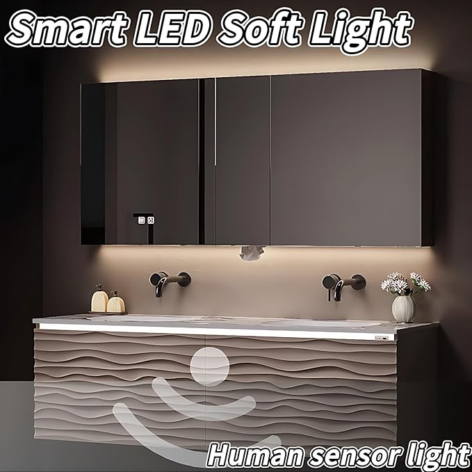 52IN Bathroom Vanity - Smart Defogging Mirror Cabinet | Waterproofing Technology & Wave Shaped Door Panel, Floating Bathroom Vanities with Large Storage Space (Mirror Cabinet)