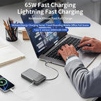Hichain Laptop Power Bank 65W 20000mAh Portable Charger with Built-in USB-C Cable, 3-Port Fast Charging Battery Pack for MacBook iPhone 17 16/15 Series Android Switch Travel Essential Gray