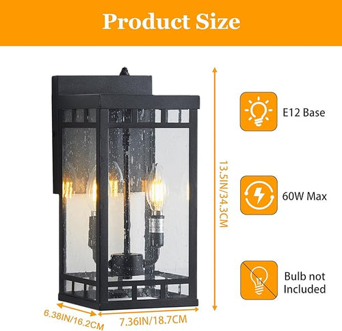 13.5” Dusk to Dawn Sensor Outdoor Wall Lights - 2-Light Large Exterior Lighting Fixtures, Waterproof Porch Lights for Garage, Front Door, Patio & House, Porch Light with E12 Base,Matte Black,1 Pack