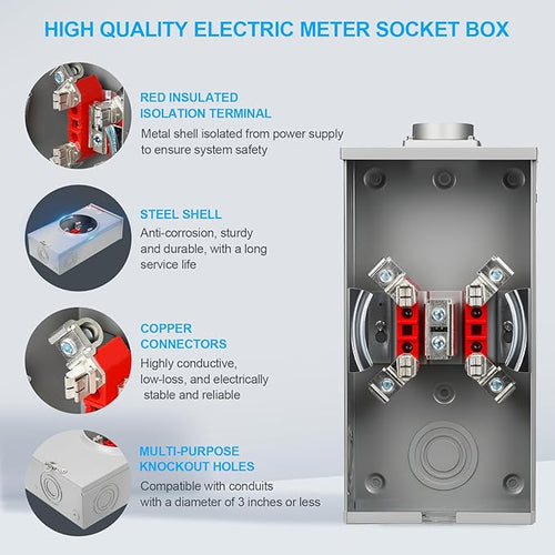 200 Amp Meter Socket, 4 Jaw Meter Base, 600V 3 Wire Ringless Type, with Horn Bypass Meter Cover Plate, Suitable for Overhead/Underground Feed