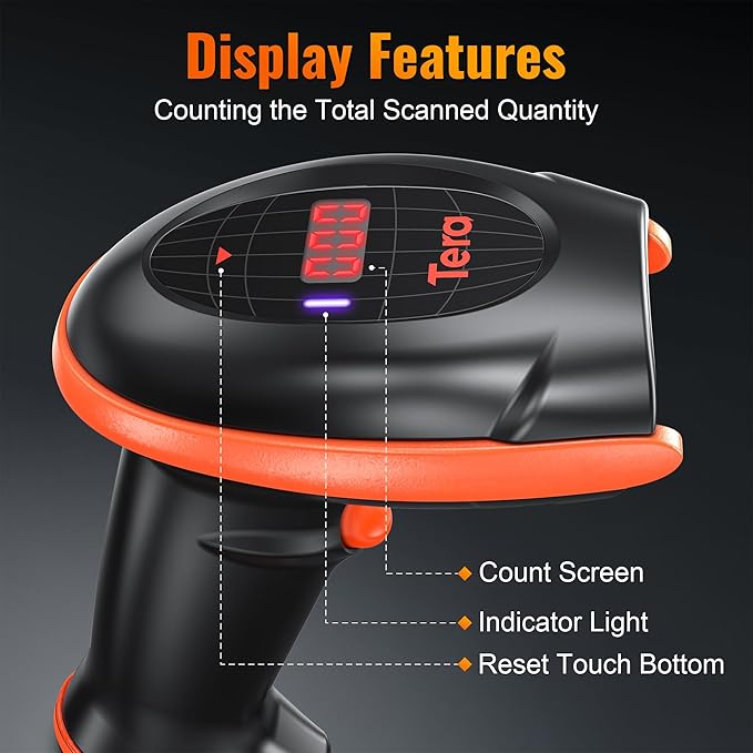Tera Pro Series Wireless 1D 2D QR Barcode Scanner with Cradle Display Counting Screen Extra Fast Scanning Speed Ultra High Resolution Handheld Image Bar Code Reader for Warehouse Inventory HW0008