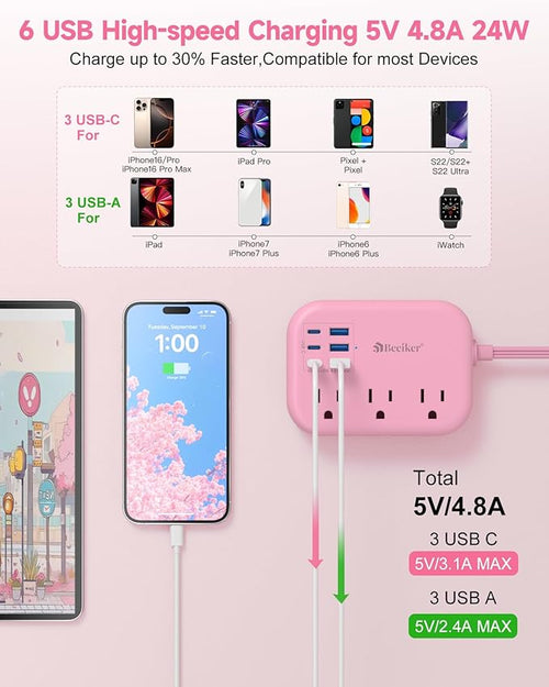 6 USB(3 USB C) Pink Power Strip- 5Ft Extension Cord with 6 USB Charging Station 24W/4.8A and 3 Outlets, Desk Accessories for Cruise Travel Pink Cute Kawaii College Dorm Desk Home Essentials