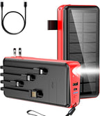 boogostore Portable Charger with Built in Cable and Wall Plug 50000mAh 22.5W Fast Charging Solar Power Bank with 5 Output & 2 Input Dual LED Flashlights Phone Holder External Battery Pack (Red)