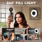PrielPaek 3-in-1 Magnetic Beauty Selfie Light for Phones, with 2.4" Mirror Magnetic Selfie Light, Adjusted 3 Modes, Rechargeable Fill Light for Selfies, for Photography,Makeup,Vlog,TikTok,Video(Black)