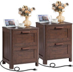 Joaxswe Farmhouse Nightstand Set of 2 with Charging Station, End Tables Bedroom with 2 Large Drawers & 4 Thickened Table Legs, Walnut