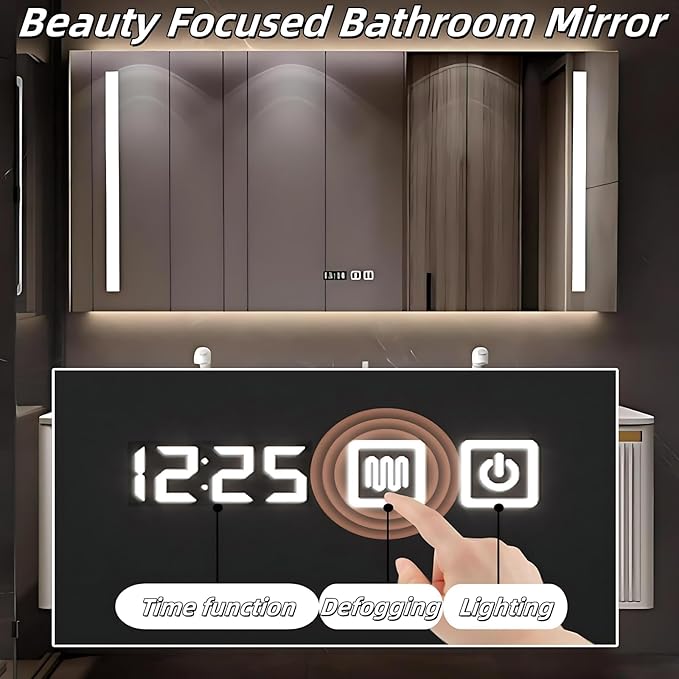 Bathroom Vanity with Double Sink - Smart Defogging Mirror & LED Lights on Both Sides, Floating Bath Sink Cabinet | 2 Drawers, Wave Shaped Panel (Khaki, 60IN)