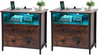 Tykacna 27 Inch Wide Night Stand, Large Wood Night Stand Set 2 with 2 Drawers, LED Nightstand with Charging Station and Adjustable Drawer, Bedside Table for Living Room/Bedroom/Study/Office, Retro.