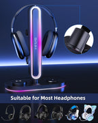 HiWe Universal RGB Gaming Headphone Stand with 2 Controller Holder, Wireless Charger for iPhone/iWatch, Solid ABS, Non-Slip Base, with USB-A & USB-C Outputs, Adatper Included, Black