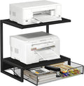 ELITEROO 2-Tier Printer Shelf with Drawers, Wooden Desk Organizer Shelf for Small Printers and Office Supplies, Desktop Storage Rack for Books, Folders, Scanner, Fax Machine, 3D Printer, Black