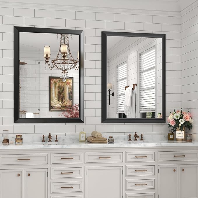 SMIROR Matte Black Bathroom Mirror for Over Sink 30x 30 inch, Metal Thick Frame Rectangle Vanity Mirror for Wall, Anti-Rust, Horizontally or Vertically Mounted