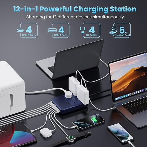 12-in-1 Charging Station USB C Power Strip with 5ft Cord,200W GaN IV USB C Charger Block,4 AC Outlets,8 USB for MacBook,iPhone 16/15/14,Fast Charging Desktop Charger for Office (A-Blue)