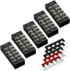 MILAPEAK Terminal Block and Strip - 10pcs (5 Sets) 5 Positions Dual Row 600V 25A Screw Terminal Blocks with Cover + 400V 25A 5 Positions Pre-Insulated Terminals Barrier Strips (Black & Red)