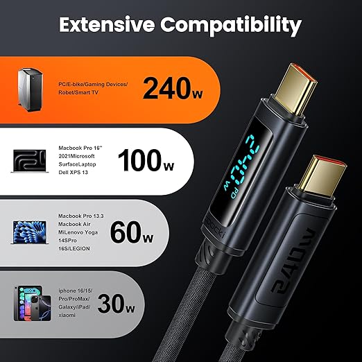 toocki USB C Cable 3.3ft 240W Fast Charging Cord with LED Display Compatible with iPhone 17 16 15 Pro Plus Pro Max Air, iPad Pro, Samsung Galaxy S24 S23, Switch, MacBook Air, Pixel