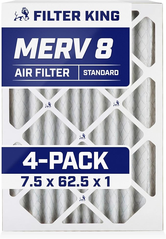 Filter King 7.5x62.5x1 Air Filter | 4-PACK | MERV 8 HVAC Pleated A/C Furnace Filters | MADE IN USA | Actual Size: 7.5 x 62.5 x .75"