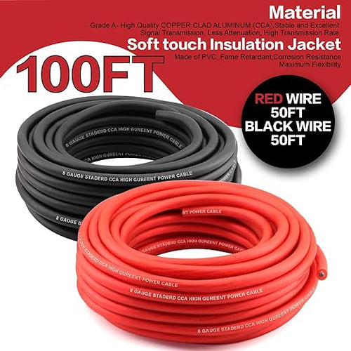 8 Gauge Wire (50ft Each - Red/Black) Copper Clad Aluminum CCA - Primary Automotive Wire,Car Amplifier Power & Ground Cable, 20PCS Lugs Terminal Connectors,60A Fuse Holder and Heat Shrink Tube