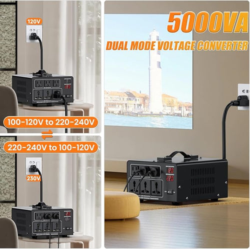 5000W Voltage Converter Transformer Step Up 110V/120V to220V/240V or Step Down 220V to 110V AC Power Converte, Circuit Breaker Protection, 3 US sockets, 3 Universal sockets, LCD Display