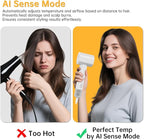 Hair Dryer with Nozzle- Negative Ionic Blow Dryer, AI Smart Thermo-Control with 110000 RPM High Speed for Fast Drying, Low Noise, Anti Frizz, 5 Temps & 2 Speeds for Home Travel, No Heat Damage, White