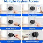 Smart Door Knob Fingerprint Door Lock with Keypad, Keyless Entry Deadbolt for Front Door, Smart Auto Lock Deadbolt with Phone/Watch App Control, Biometric Fingerprint Gate Knob with 6 Ways to Unlock