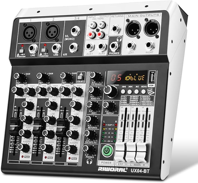 4 Channel Audio Interfacer DJ Mixer Sound Board 16-Bit DSP Effect USB Audio Mixer Effects +48V Phantom Bluetooth for Karaoke Studio Streaming Recording,Live Streaming