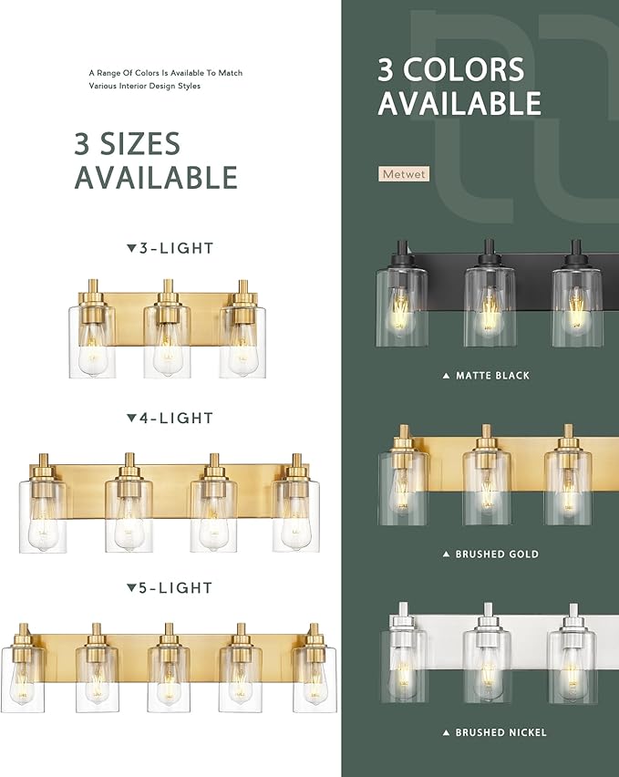 METWET 5-Light Bathroom Light Fixtures, 30 Inch Brushed Gold Vanity Light with Cylinder Clear Glass Shade, Modern Vanity Lighting Fixtures Over Mirror, VL143-BG-5