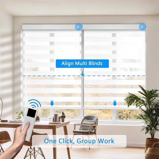 COOLWINDS Motorized Zebra Blinds for Windows Cordless Electric Curtains with Remote Control Blackout Shades Custom Smart Blinds Compatible with Alexa Google Home(Blackout White,W31 X 72in)