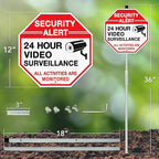 Faittoo Security Sign Video Surveillance Sign with 36" Stake for Outside, 4-Pack 12"x12" Rust Free Heavy Aluminum, Reflective, Fade Resistant, 2 pre-drilled holes, Includes Matching Screws & Wrench,