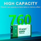 Hixon USB 9V Rechargeable Lithium Batteries - Long-Lasting 760mAh 9 Volt LI-ion Batteries with Type C Charging Cable - for Alarms Wireless Microphones Smoke Detectors Toys - 2 Pack
