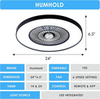 HUMHOLD 24" Bladeless Ceiling Fans with Lights and Remote/APP Control, Low Profile Ceiling Fan with 3-Dimmable Lights, Enclosed Flush Mount Ceiling Fan for Kid's Bedroom/Living Room