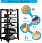 Dernoing 6 Tier Audio Rack Tower, CD Record Player Stereo Receiver AV Equipment Cabinet Display Rack, Weight Capacity 661 lbs, with Adjustable Wooden Shelves for Home (6 Tier Black)