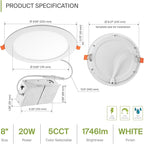 ASD 1 Pack 8 Inch LED Recessed Light 20W, 5 CCT 2700K-5000K CRI90+, IC Rated Ultra Thin Dimmable Ceiling Lights with J Box, Canless Wafer Downlight, Round Slim Panel Lighting, UL Listed, White