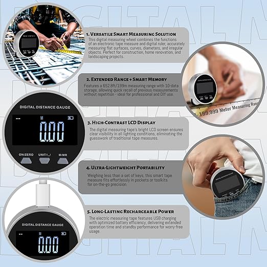 Digital Measuring Wheel USB Rechargeable 652.8ft/199m High Precision Measurement with LCD Display Portable Smart Distance Measurer for Flat Curved Diameter Irregular Surfaces
