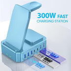 300W Charging Station for Multiple Devices Apple, Zutspzss 10 in 1 Wireless Charger for iPhone 16, GaN III USB C 65W PD Fast Charging Stand Dock for Apple Watch&Airpods,Blue