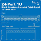 ICC 24-Port Blank Keystone Shielded 1U Patch Panel with 19” Rackmount Housing and Cable Support Bar for Slim Profile Keystone Jacks (Sold Separately), Protects Against EMI, UL Listed, IC107PPS6A